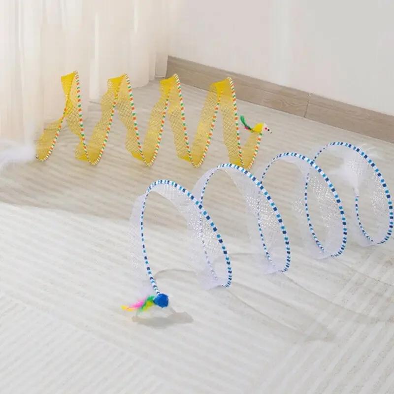 Folding Cat Tunnel S Shape Spring Type Cat Tunnel Toy With Plush Mouse And Feathers Spiral Tunnel Interactive Cat Toy