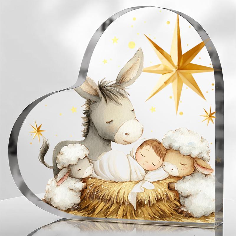 One Piece of Heart-Shaped Acrylic Decorative Sign And Plaque Featuring a Nativity Scene with a Humorous Donkey And Lamb Design, Making It an Ideal  