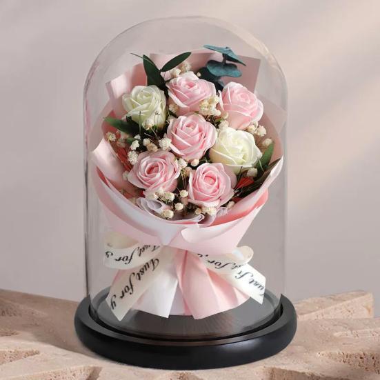 Artificial Rose Bouquet with LED Light Glass Dome Cover Eternal Flower Decoration Women Wife Girlfriend Anniversary Valentine's Day Mother's Day Gift