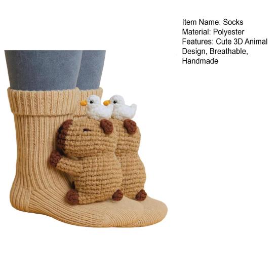 גרביים סרוגות תלת-ממדיות עם חיות, עבודת יד, עצלן, בובת פרה מההיילנד, גרבי צוות, חמודות, חמות, עבות, גרבי רצפה, מתנה ליום הולדת, לפסטיבל