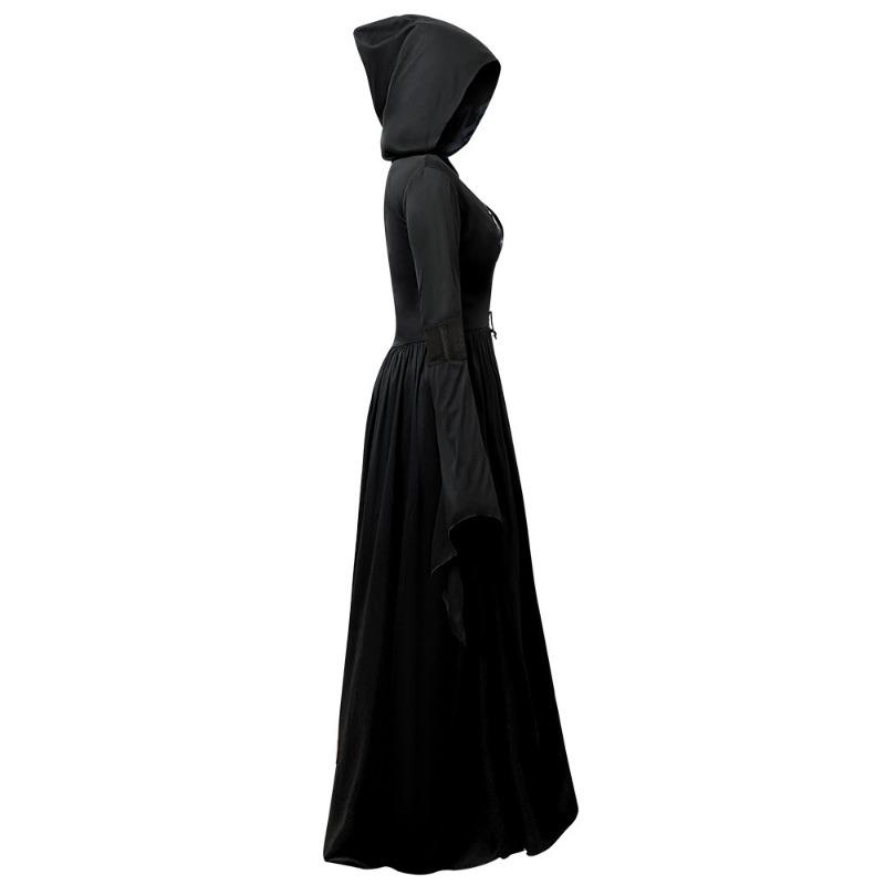 Hooded Black Witch Dress Halloween Cosplay Stage Performance Costume For Women