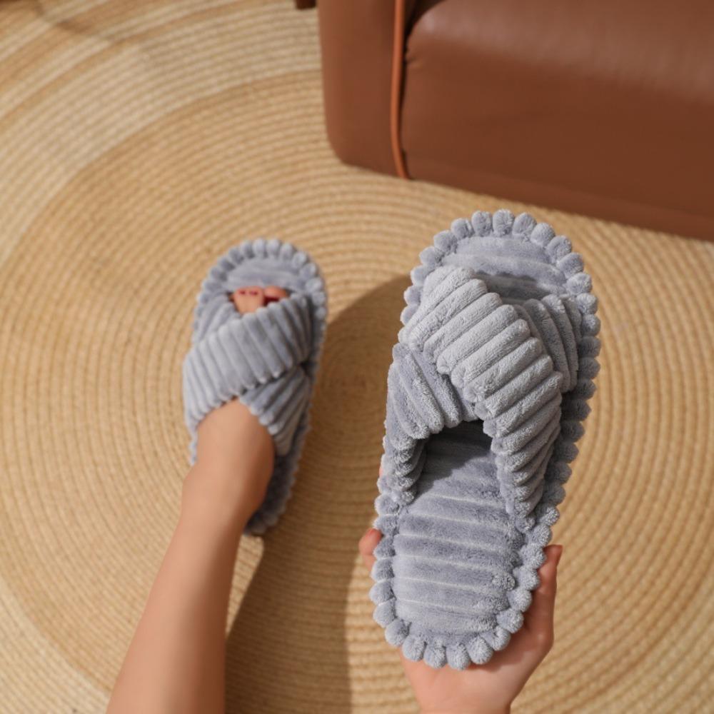 Women's Home Slippers Winter Plush Cross Strapped Cotton Slippers Women's Home Skin Friendly Plush Slippers Women Flat Bottom
