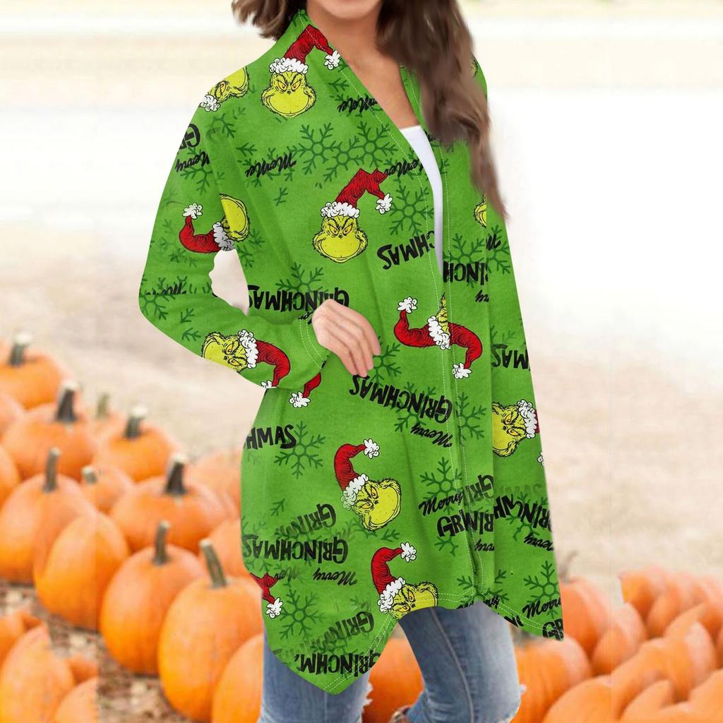 Damenmode, lässig, Weihnachtsdruck, mittellanger Cardigan-Jackenmantel