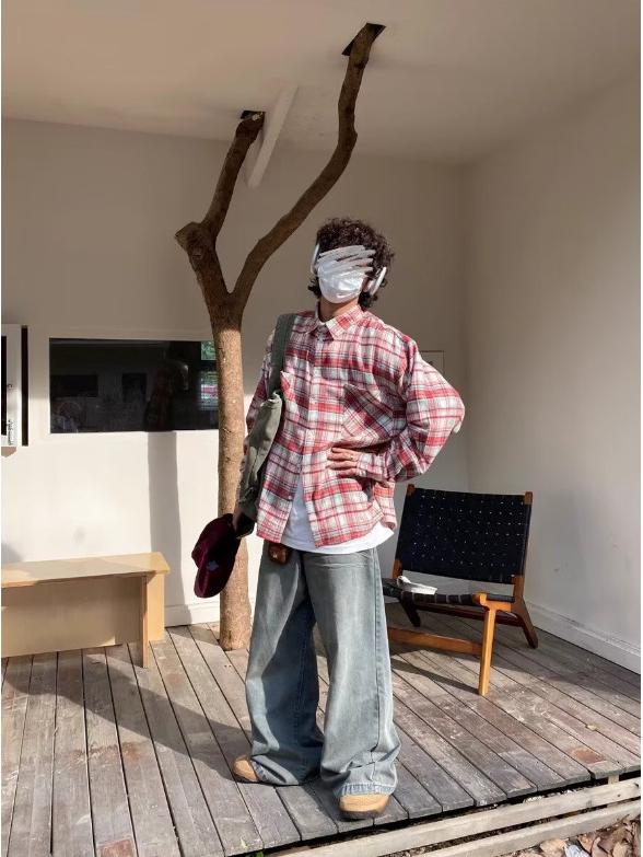 

Мужская рубашка с длинным рукавом в клетку в стиле ретро - Повседневная, свободного кроя, универсальная верхняя одежда на осень/весну L красный