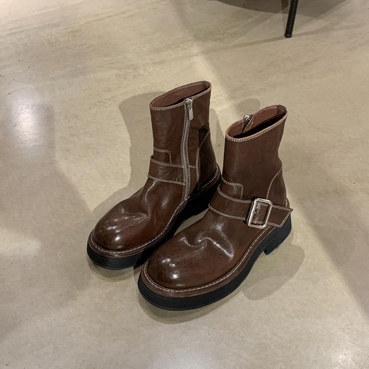 

Grape mother same retro round head thick heel locomotive boots temperament versatile belt buckle side zipper medium boots women s autumn and winter 40