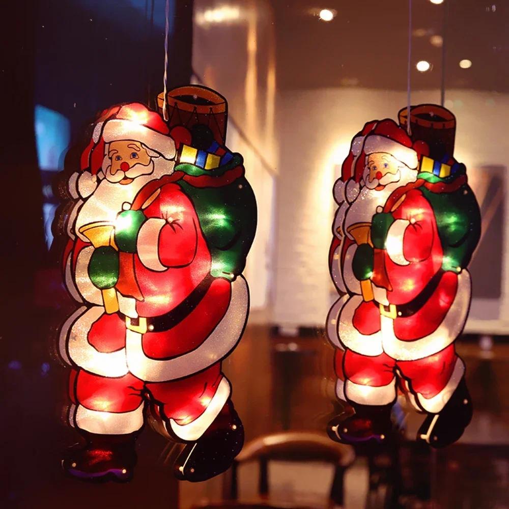 Christmas Santa Claus Snowman Suction Cup Window Hanging Lights Christmas Decoration for Home New Year LED Decorative Lights