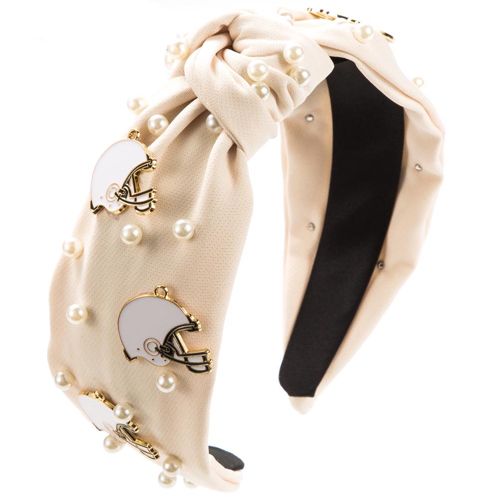 

Минималистичная тканевая повязка на голову, украшенная жемчугом, для женщин - Спортивный стиль с акцентом в виде регбийного мяча из сплава.