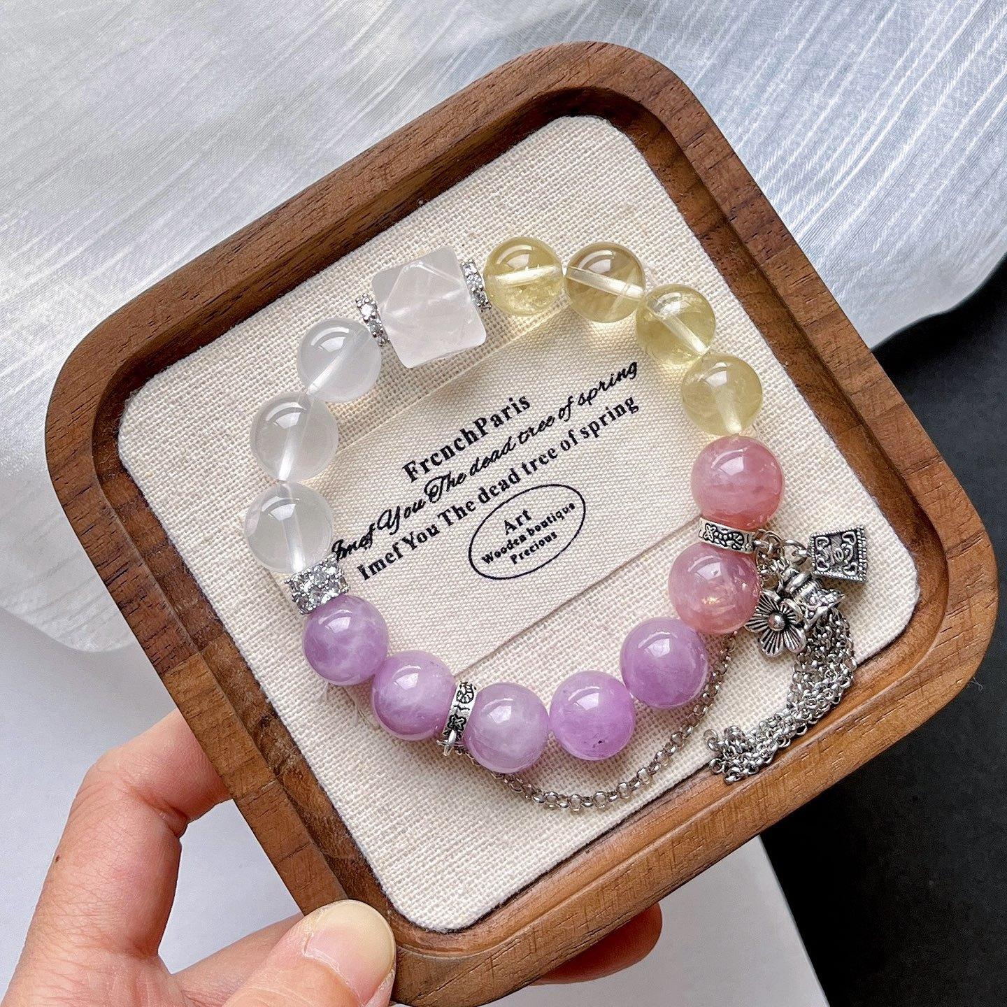 12-15Mm Natural Purple Lithium Hui Purple Horse Powder Lemon Citrine Milk White Crystal Design Tassel Bracelet