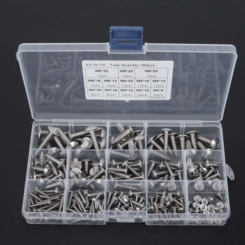 180-Piece Self-Tapping Screw Kit, M3 M4 M5 M6 High Hardness Stainless Steel Flat Head Self-Tapping Screws, Multi-Purpose Set