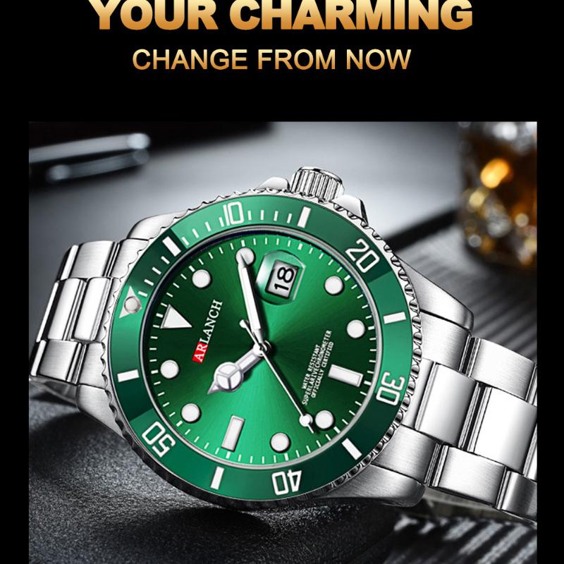 Men's Green Water Ghost Watch Shrimp Skin Stainless Steel Men's Watch Luminous Anti-diving Calendar Quartz Steel Belt Watch