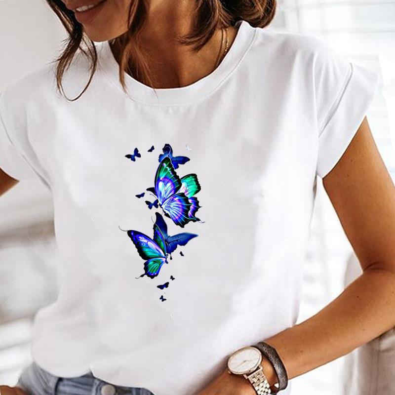 (European Size) Women Tee Top Cute Butterfly Clothing Fashion T-shirt Casual Short Sleeve Print Lady Female Graphic T-shirt