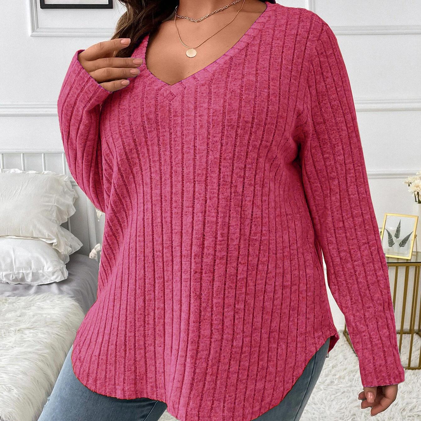 

GMXIA Осень-зима Однотонный женский топ больших размеров с V-образным вырезом и длинным рукавом, шерстяная футболка в полоску, свободный покрой XXXXXL