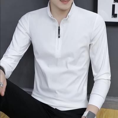 Spring Fall Men Shirt Long Sleeves Half Zipper Slim Fit Stand Collar Pure Color Mid Length