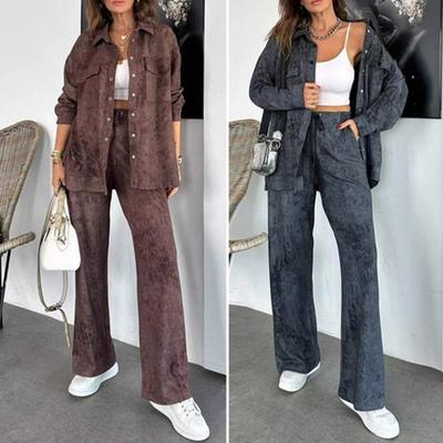 2 Stück/Set Damen Anzug mit Jacke und Hose Umlegekragen Batik Einreiher Langarmjacke Elastische Taille Weite Hosen mit Taschen