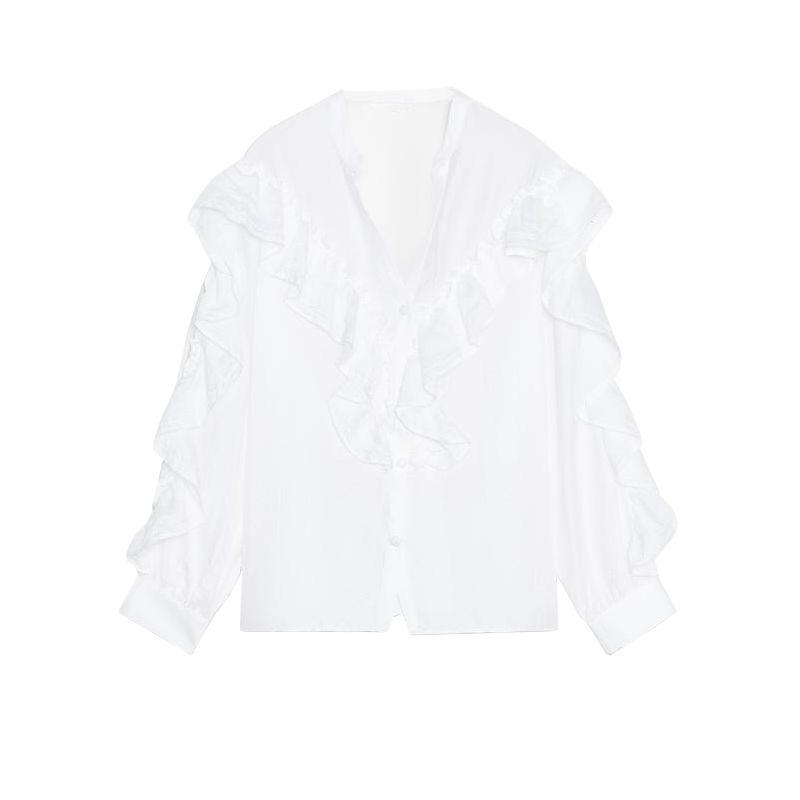 

Women s Spring Clothing Loose Casual White Vertical Lace Laminated Decoration Long Sleeves Shirt 7484061 Ground White L