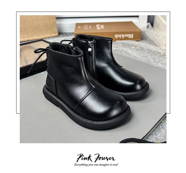 Girls' Black Martin Short Boots with Velvet - 2025 Autumn/Winter Edition Leather Princess Shoes