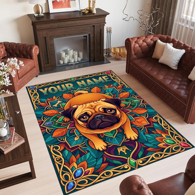 Pug Theme Crystal Velvet Floor Rug Personalized Custom Name Text Warm Carpet Home Decoration