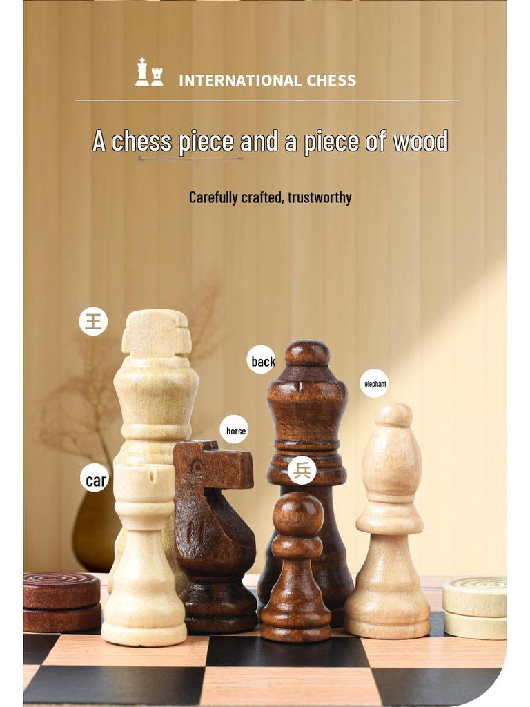Premium Solid Wood 3-in-1 Chess Set: Chess, Double Queen, and Checkers