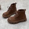 Johnature Vintage Handmade Genuine Leather Thick Sole Short Boots Round Toe Lace Up Cowhide Women's Shoes