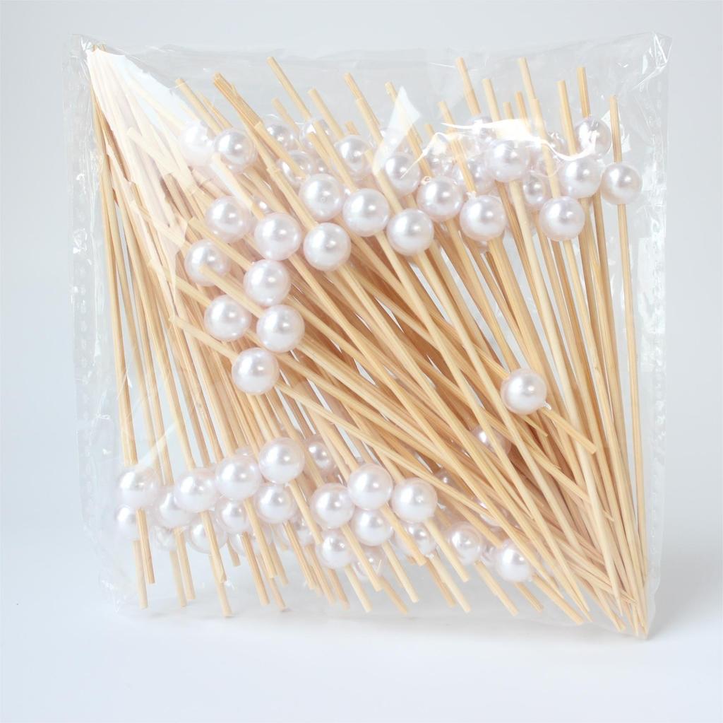 Wedding Pearl Disposable Bamboo Skewers Wooden Cocktail Picks Fruit Picks Snack Fork Skewer Wedding Party Supplies 100Pcs/bag