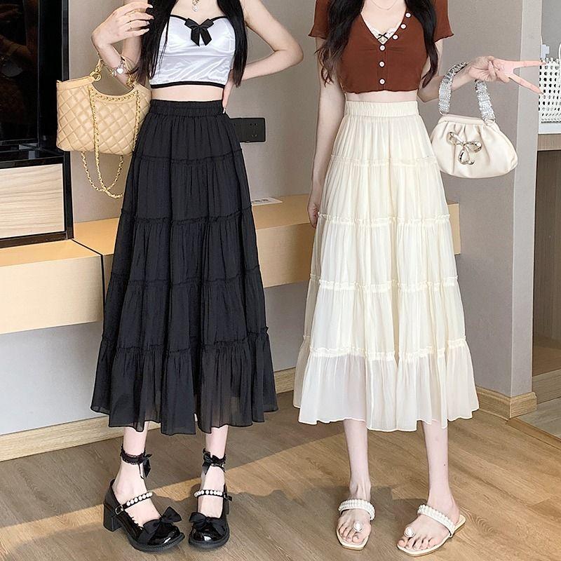 Women's Summer Ruffled Tencel Chiffon A-Line Tiered Skirt Mid-Length High Waist Slimming Skirt