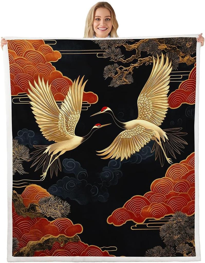 GUOYU Blanket Boys Girls Japanese Style Plush Blanket for Bed Sofa Couch Japanese Ukiyoe Sherpa Blanket Cherry Blossoms Fleece Throw Blanket