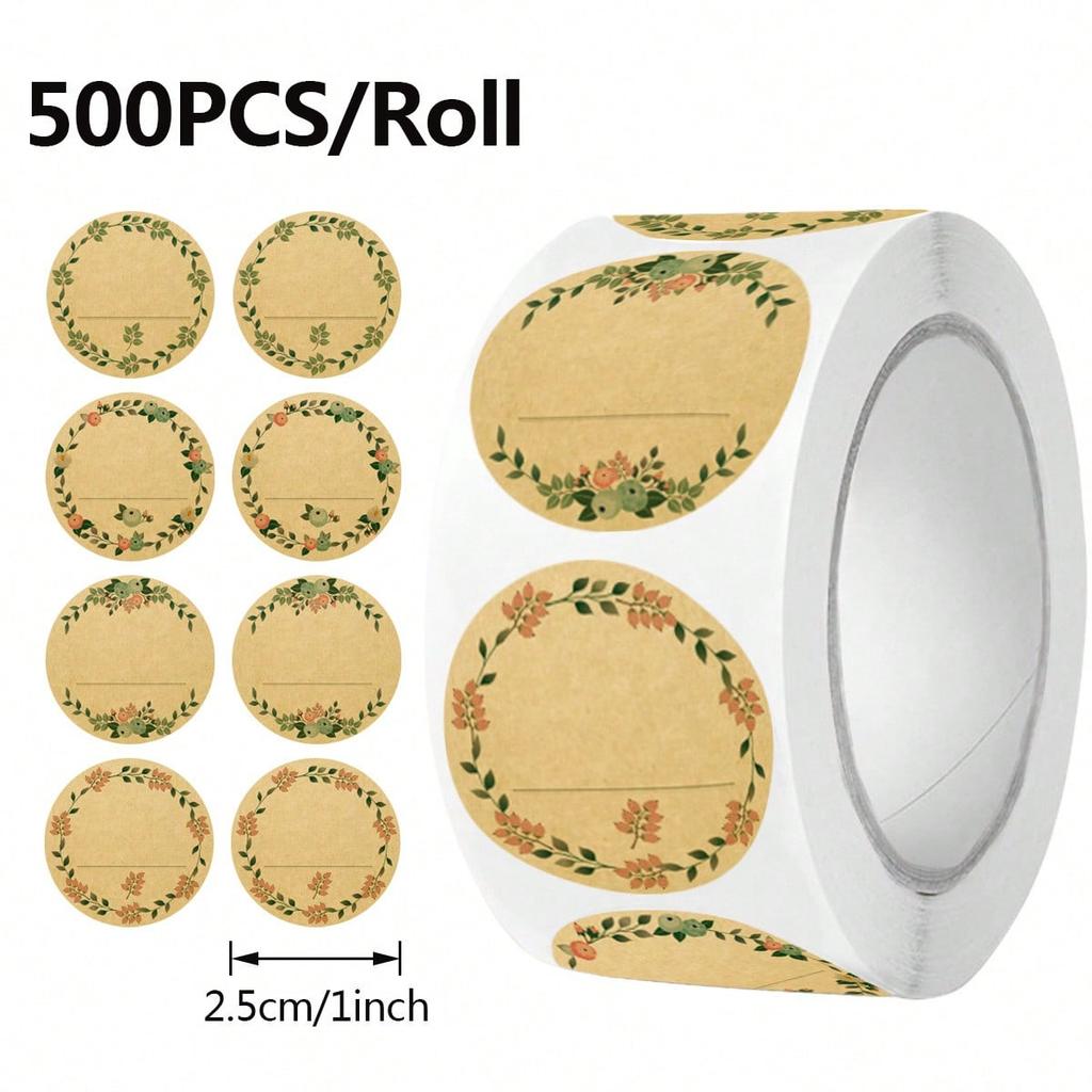 500 Sheets of Blank, Writable Flower-patterned Kraft Paper Stickers for Baking Gift Decoration and Removable Adhesive Labels
