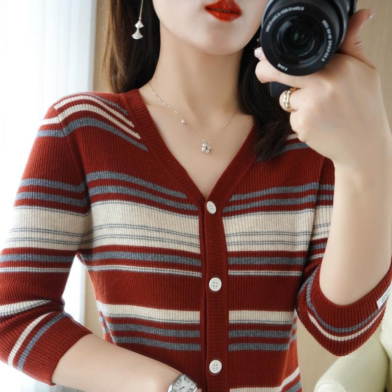 Women S Striped Knit V Neck Cardigan Long Sleeve Casual Outerwear