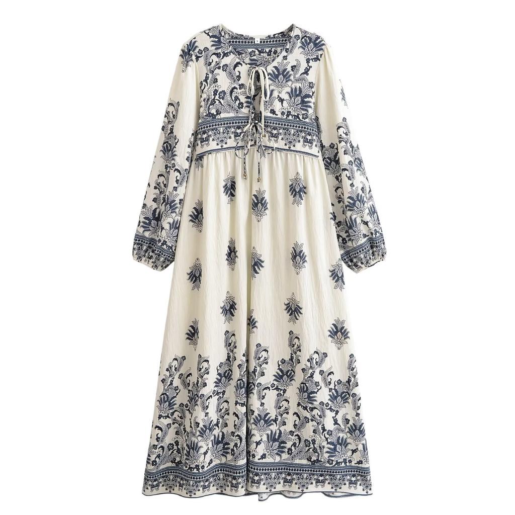 European and American Bamboo Hemp Positioning Printing Fringed Bohemian Wide Beach Vacation Dress