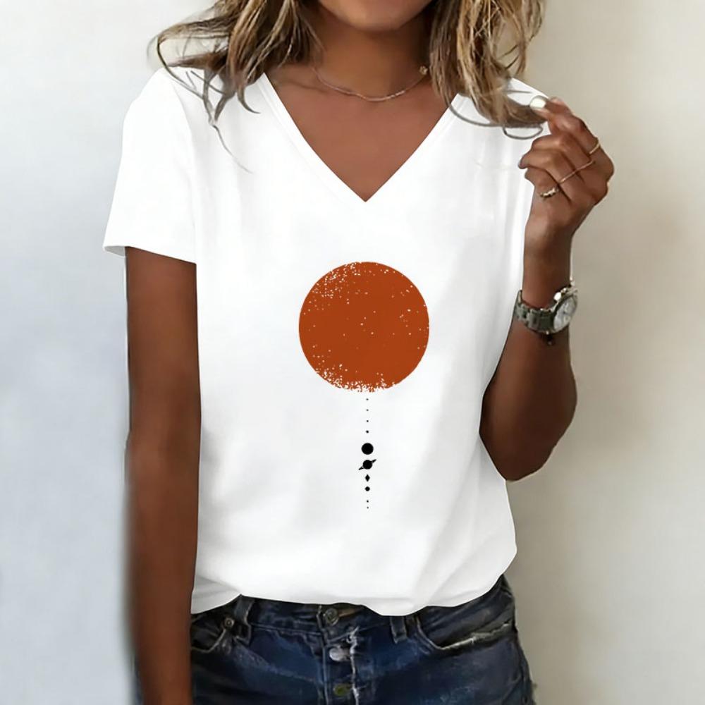 Japanese Style Moon Sun T-shirt V Neck Casual Fashion Vintage T Shirts Women Short Sleeve Tee Shirt V-Neck Retro Shirt