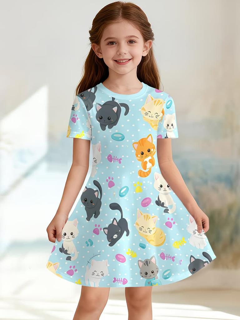 Girl Clothes Cartoon Cat Graphic Printed Girls' Princess Dress Summer Casual Dress for Girls Outfit O-Neck Birthday Gift Clothes