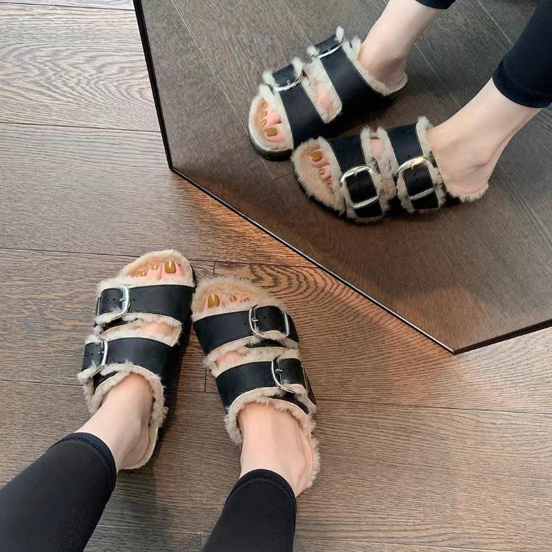 Wool Version of the New Mao Mao Shoes, Women's Winter Wear Thick-soled One-word Double Buckle with Slippers, Velvet Warm Cotton Shoes