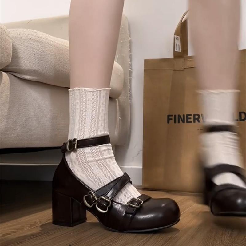 Fashion Design Cross Strap Women Mary Jane Shoes Fashion Thick Heel Shoes Autumn Ladies Outdoor Dress Stripper Leather Shoes