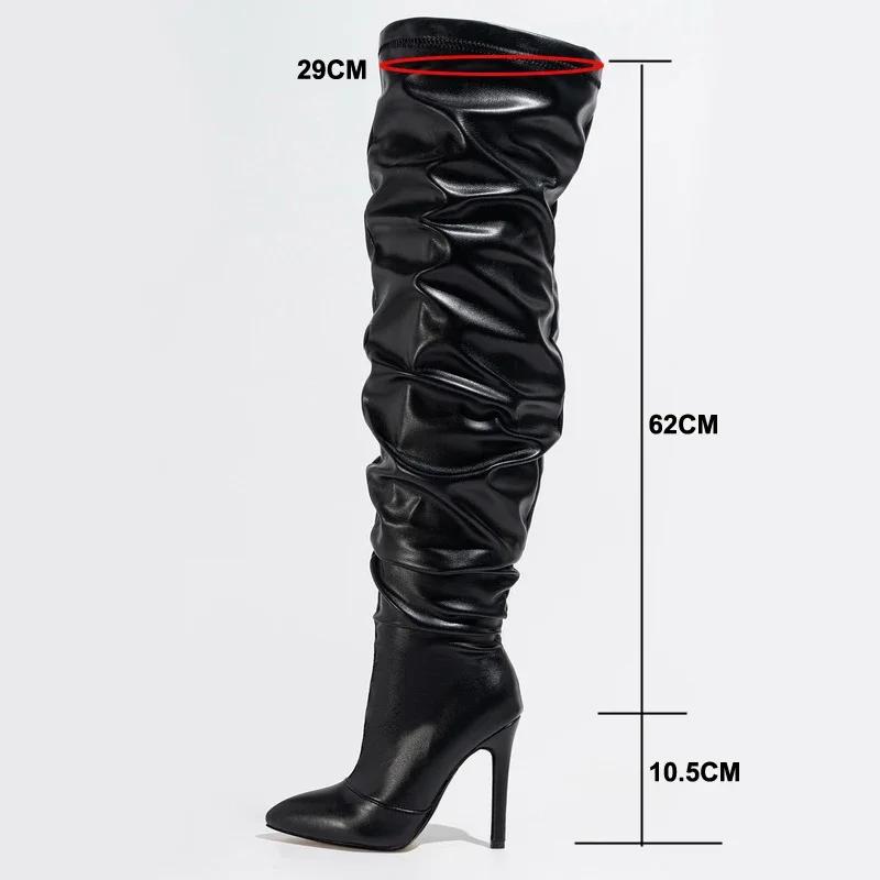 Women Side Zipper High Thin Heel Long Boots Spice Girl Pleated Over Knee High Boots for Outdoor Nightclub Pub Party Gathering