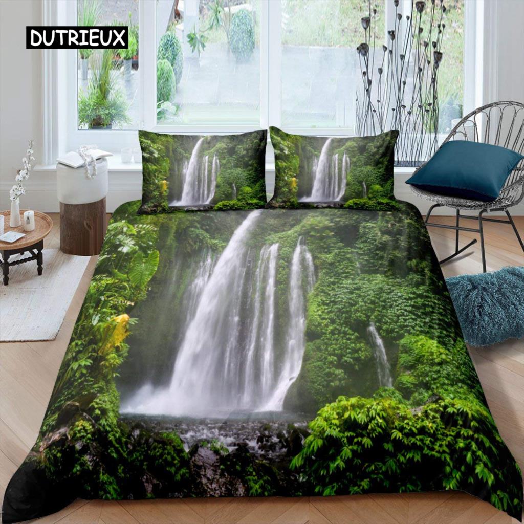Sada povlaků na přikrývku Vodopád Přírodní scenérie Povlak na přikrývku Povlak na polštář Krajina Les Vodopád Queen Size Polyester Povlečení