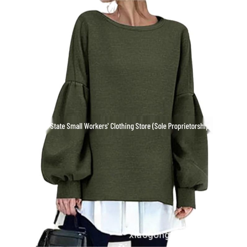 2026 Spring Women's Loose Fit Irregular Long Sleeve Sweatshirt - Round Neck, Fake Two-Piece Design