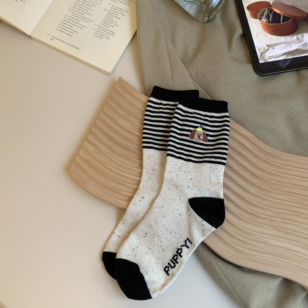 Socks, Medium-Legged Cotton Socks, Embroidered Dachshund Cartoon Color-Blocking Pattern, Versatile, Breathable, Casual Sports