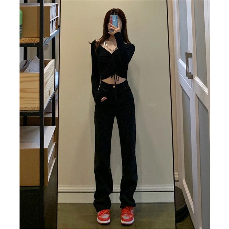 

Women s Black High-Waisted Straight-Leg Wide Floor-Length Jeans 2025 Trend L