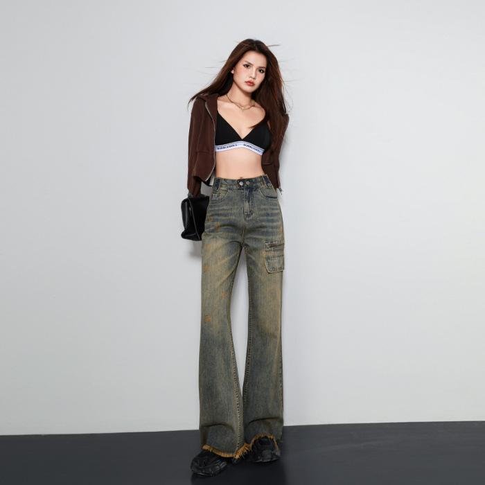 

Ретро Выстиранный Синий Желтый Американская Легкая Рабочая Одежда Брюки Широкие от Бедра для Женщин Осенью и Зимой Джинсы в Пол для Женщин Осенью и Зимой 2XL