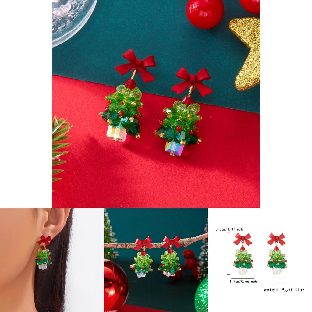 Holiday Earrings Women Alloy Red Bow Christmas Tree Jewelry With Glitter For Christmas Party Accessory