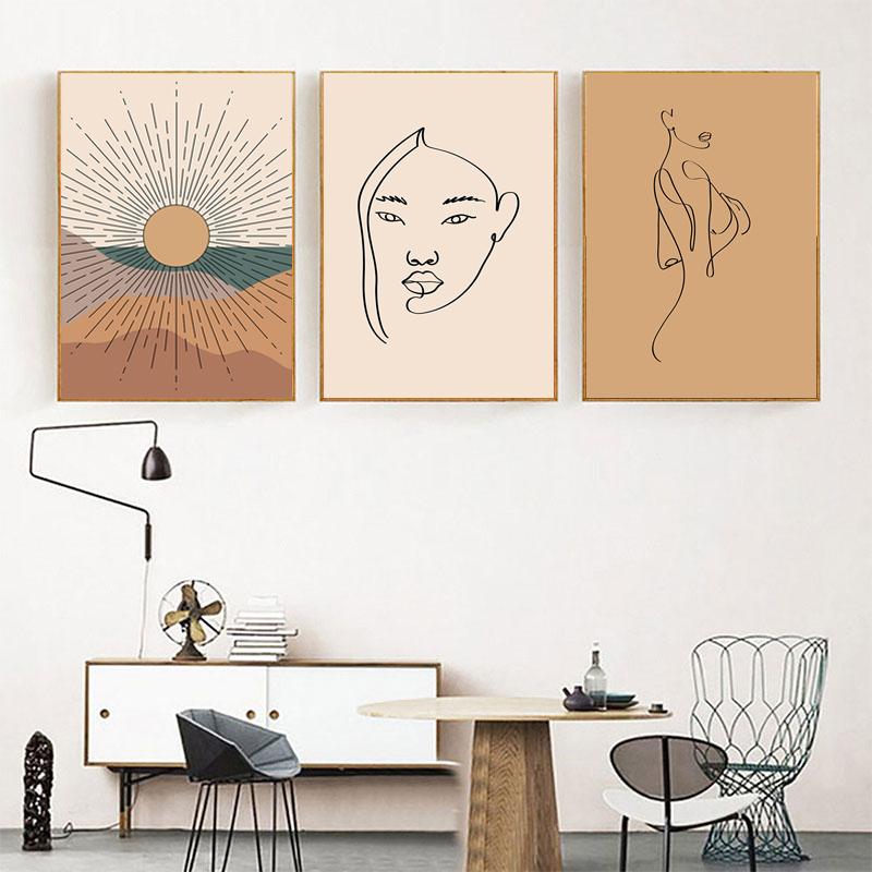 Abstract Canvas Painting Geometry Landscape Leaf Line Girl Nordic Posters and Prints Wall Art Pictures for Living Room Decoraton