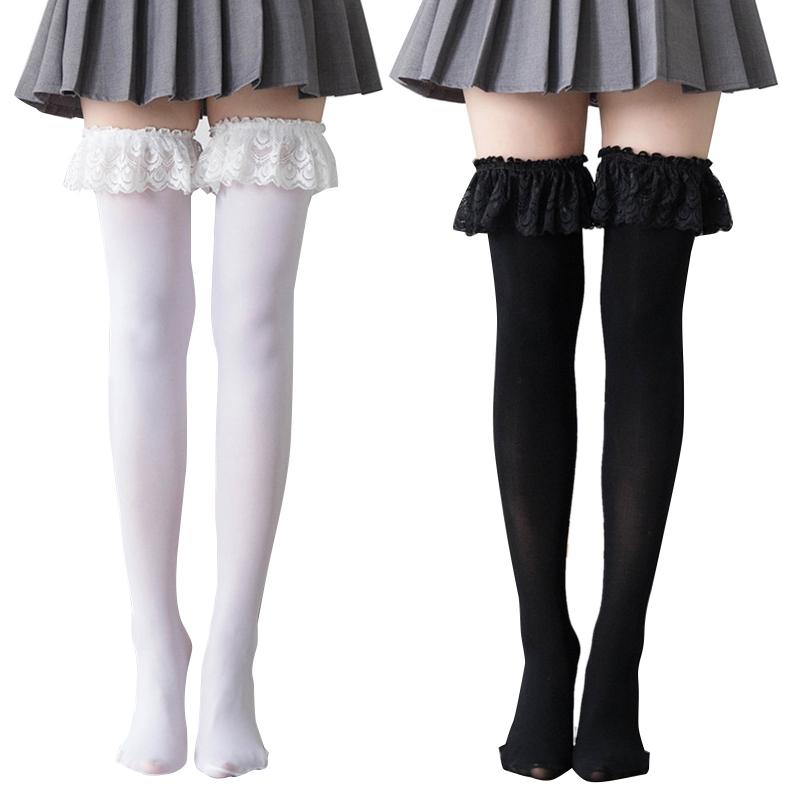 Sexy Solid Color Over The Knee Long Socks Women Thigh High Stockings Japanese Lolita Ruffles Lace Anime Cosplay Hosiery
