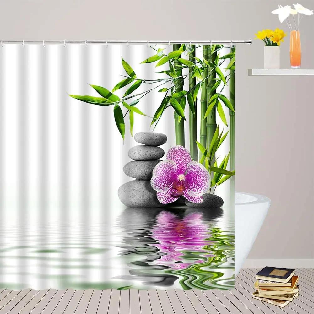 Green Bamboo Zen Stone Shower Curtains Lotus Flowing Water Zen Landscape Shower Curtain Home Bathroom Decoration Set with Hooks
