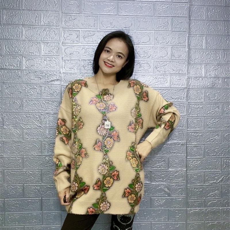 2023 Fall/Winter Rhinestone Sweater: Women's Round Neck Knit, Loose Fit, Warm Mink Fur
