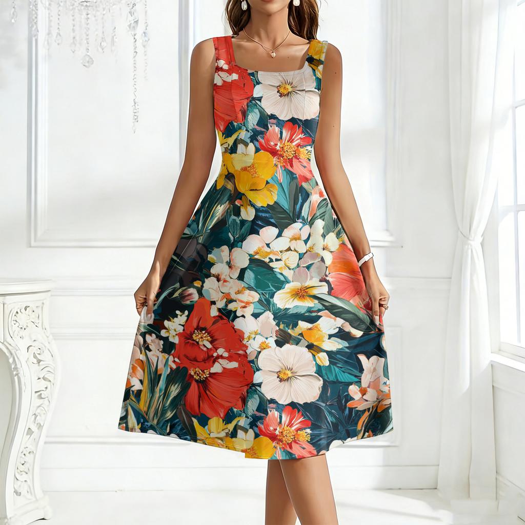 Ladies' Square Neck Floral Sleeveless Dress with a Large Swing