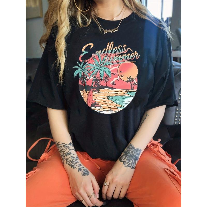 

European Size Womens Oversized Beach Print T Shirt Casual Short Sleeve Crew Neck Top Spring Summer Wear 4XL