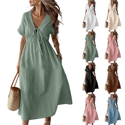Damen Locker Lässig V-Ausschnitt Kurzarm Bequem Einfarbig Elastischer Bund Kleid