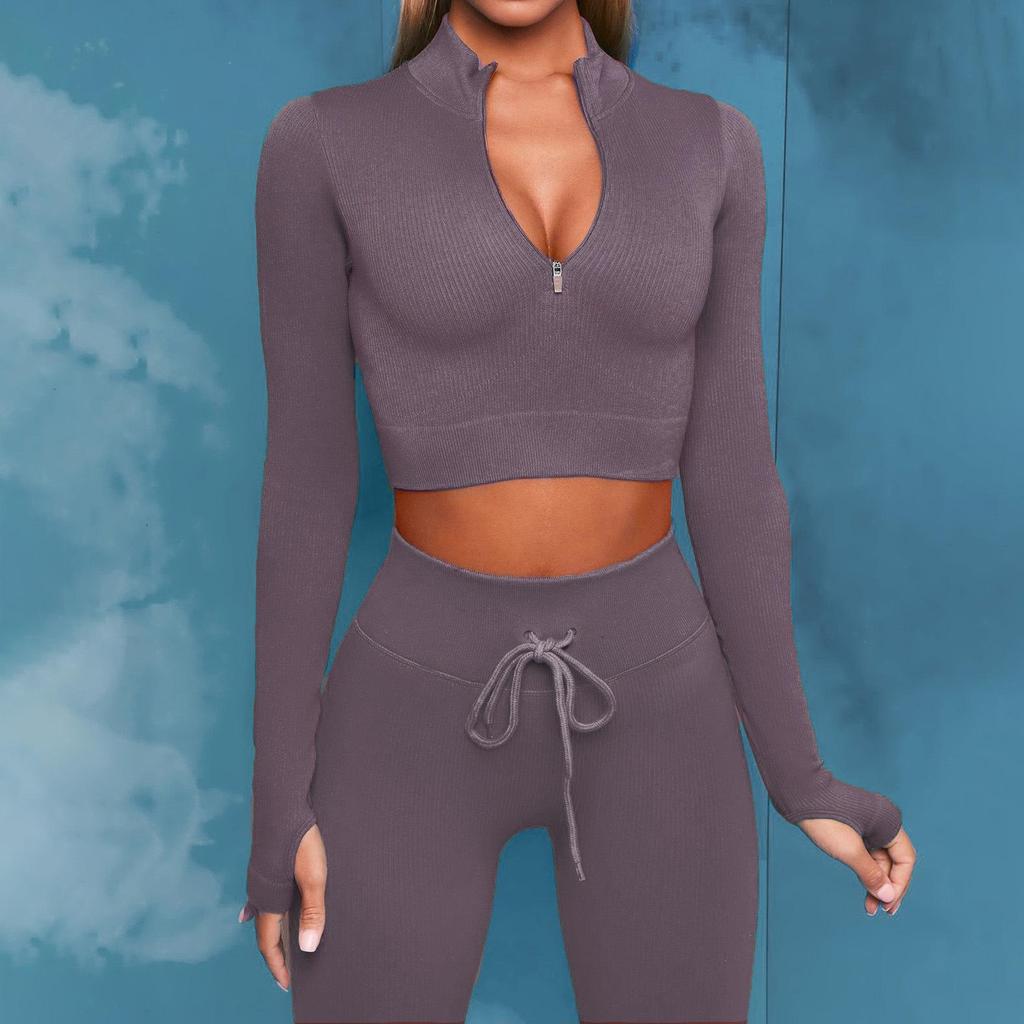 Ribbed Seamless Knitted Tracksuit: Crop Top & High Waist Butt Lift Yoga Pants, Long/Short Sleeve Options