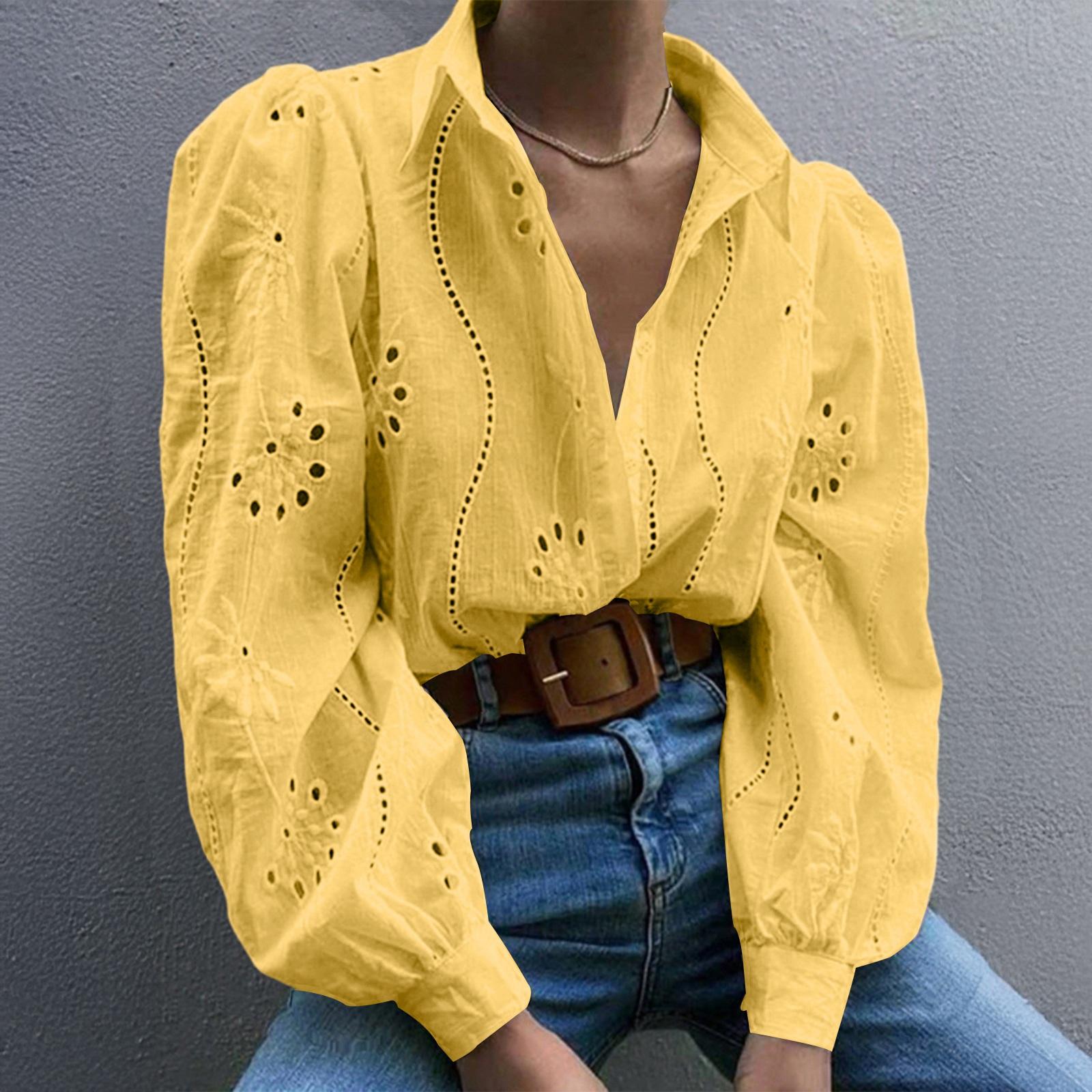 

Women s Fashion Casual Hollow-Out Puff Sleeve Solid Color Long-Sleeve Top XL жёлтый
