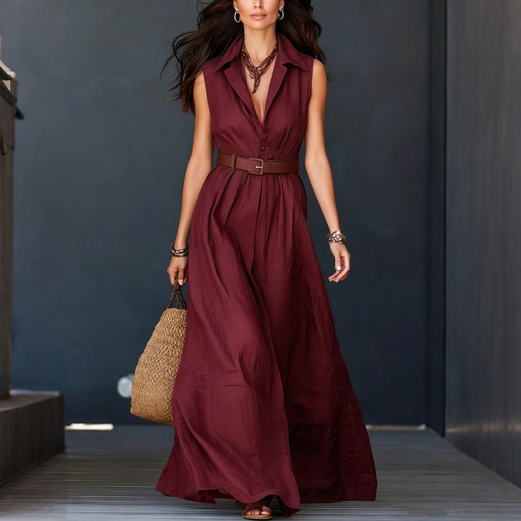 Abito Chemisier Senza Maniche con Collo e Cintura Lunga Casual Maxi Dress da Donna Design con Bottoni sul Davanti Vestibilità Rilassata Stile Estivo